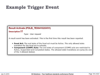 July 14, 2015 Page: 181 of 521Hi3 Solutions ~ Your healthcare standards conformance Partner
Example Trigger Event
 
