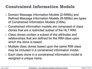 July 14, 2015 Page: 211 of 521Hi3 Solutions ~ Your healthcare standards conformance Partner
Constrained Information Models
 Domain Message Information Models (D-MIMs) and
Refined Message Information Models (R-MIMs) are types
of Constrained Information Models (CIMs).
 Constrained information models are composed of class
clones that are a restricted subset of the HL7 RIM.
 Class clones contain a subset of the attributes and
relationships that are defined for the RIM class upon
which the clone is based.
 Multiple class clones based upon the same RIM class
may be included in a constrained information model.
 Each class clone in a constrained information model is
assigned a unique name.
 
