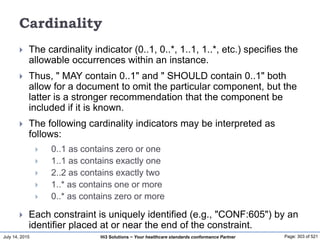 July 14, 2015 Page: 303 of 521Hi3 Solutions ~ Your healthcare standards conformance Partner
Cardinality
 The cardinality indicator (0..1, 0..*, 1..1, 1..*, etc.) specifies the
allowable occurrences within an instance.
 Thus, " MAY contain 0..1" and " SHOULD contain 0..1" both
allow for a document to omit the particular component, but the
latter is a stronger recommendation that the component be
included if it is known.
 The following cardinality indicators may be interpreted as
follows:
 0..1 as contains zero or one
 1..1 as contains exactly one
 2..2 as contains exactly two
 1..* as contains one or more
 0..* as contains zero or more
 Each constraint is uniquely identified (e.g., "CONF:605") by an
identifier placed at or near the end of the constraint.
 