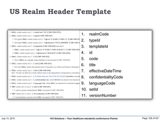 July 14, 2015 Page: 336 of 521Hi3 Solutions ~ Your healthcare standards conformance Partner
US Realm Header Template
1. realmCode
2. typeId
3. templateId
4. id
5. code
6. title
7. effectiveDateTime
8. confidentialityCode
9. languageCode
10. setId
11. versionNumber
 
