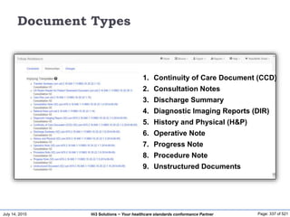 July 14, 2015 Page: 337 of 521Hi3 Solutions ~ Your healthcare standards conformance Partner
Document Types
1. Continuity of Care Document (CCD)
2. Consultation Notes
3. Discharge Summary
4. Diagnostic Imaging Reports (DIR)
5. History and Physical (H&P)
6. Operative Note
7. Progress Note
8. Procedure Note
9. Unstructured Documents
 