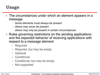 July 14, 2015 Page: 385 of 521Hi3 Solutions ~ Your healthcare standards conformance Partner
Usage
 The circumstances under which an element appears in a
message
 Some elements must always be present
 others may never be present
 others may only be present in certain circumstances
 Rules governing restrictions on the sending applications
and the expected behavior of receiving applications with
respect to a message element
 Required
 Required, but may be empty
 Optional
 Conditional
 Conditional, but may be empty
 Not supported
 