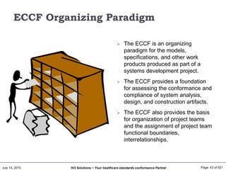 July 14, 2015 Page: 43 of 521Hi3 Solutions ~ Your healthcare standards conformance Partner
ECCF Organizing Paradigm
 The ECCF is an organizing
paradigm for the models,
specifications, and other work
products produced as part of a
systems development project.
 The ECCF provides a foundation
for assessing the conformance and
compliance of system analysis,
design, and construction artifacts.
 The ECCF also provides the basis
for organization of project teams
and the assignment of project team
functional boundaries,
interrelationships.
 