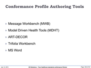 July 14, 2015 Page: 438 of 521Hi3 Solutions ~ Your healthcare standards conformance Partner
Conformance Profile Authoring Tools
 Message Workbench (MWB)
 Model Driven Health Tools (MDHT)
 ART-DECOR
 Trifolia Workbench
 MS Word
 