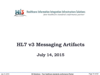 July 14, 2015 Page: 51 of 521Hi3 Solutions ~ Your healthcare standards conformance Partner
HL7 v3 Messaging Artifacts
July 14, 2015
 