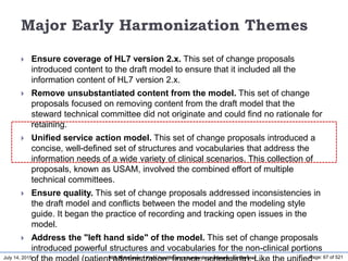 July 14, 2015 Page: 67 of 521Hi3 Solutions ~ Your healthcare standards conformance Partner
Major Early Harmonization Themes
 Ensure coverage of HL7 version 2.x. This set of change proposals
introduced content to the draft model to ensure that it included all the
information content of HL7 version 2.x.
 Remove unsubstantiated content from the model. This set of change
proposals focused on removing content from the draft model that the
steward technical committee did not originate and could find no rationale for
retaining.
 Unified service action model. This set of change proposals introduced a
concise, well-defined set of structures and vocabularies that address the
information needs of a wide variety of clinical scenarios. This collection of
proposals, known as USAM, involved the combined effort of multiple
technical committees.
 Ensure quality. This set of change proposals addressed inconsistencies in
the draft model and conflicts between the model and the modeling style
guide. It began the practice of recording and tracking open issues in the
model.
 Address the "left hand side" of the model. This set of change proposals
introduced powerful structures and vocabularies for the non-clinical portions
 