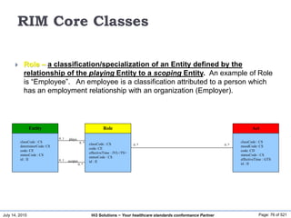 July 14, 2015 Page: 76 of 521Hi3 Solutions ~ Your healthcare standards conformance Partner
0..1
0..*
0..1
0..*
plays
scopes
Entity
classCode : CS
determinerCode: CS
code: CE
statusCode : CS
id : II
Role
classCode : CS
code: CE
effectiveTime : IVL<TS>
statusCode : CS
id : II
Act
classCode : CS
moodCode: CS
code: CD
statusCode : CS
effectiveTime : GTS
id : II
RIM Core Classes
 Role – a classification/specialization of an Entity defined by the
relationship of the playing Entity to a scoping Entity. An example of Role
is “Employee”. An employee is a classification attributed to a person which
has an employment relationship with an organization (Employer).
0..* 0..*
 