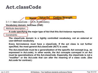 July 14, 2015 Page: 88 of 521Hi3 Solutions ~ Your healthcare standards conformance Partner
Act.classCode
3.1.1.1 Act.classCode :: CS (1..1) Mandatory
Vocabulary domain: ActClass (CNE)
Attribute description:
A code specifying the major type of Act that this Act-instance represents.
Constraints:
The classCode domain is a tightly controlled vocabulary, not an external or
user-defined vocabulary.
Every Act-instance must have a classCode. If the act class is not further
specified, the most general Act.classCode (ACT) is used.
The Act.classCode must be a generalization of the specific Act concept (e.g., as
expressed in Act.code), in other words, the Act concepts conveyed in an Act
must be specializations of the Act.classCode. Especially, the classCode is not a
"modifier" or the Act.code that can alter the meaning of a class code. (See
Act.code for contrast.)
Name DatatypeCardinalityUsageValue DomainCoding Strength
 