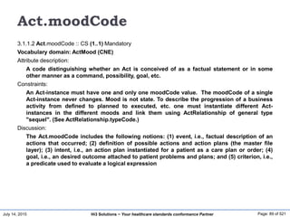 July 14, 2015 Page: 89 of 521Hi3 Solutions ~ Your healthcare standards conformance Partner
Act.moodCode
3.1.1.2 Act.moodCode :: CS (1..1) Mandatory
Vocabulary domain: ActMood (CNE)
Attribute description:
A code distinguishing whether an Act is conceived of as a factual statement or in some
other manner as a command, possibility, goal, etc.
Constraints:
An Act-instance must have one and only one moodCode value. The moodCode of a single
Act-instance never changes. Mood is not state. To describe the progression of a business
activity from defined to planned to executed, etc. one must instantiate different Act-
instances in the different moods and link them using ActRelationship of general type
"sequel". (See ActRelationship.typeCode.)
Discussion:
The Act.moodCode includes the following notions: (1) event, i.e., factual description of an
actions that occurred; (2) definition of possible actions and action plans (the master file
layer); (3) intent, i.e., an action plan instantiated for a patient as a care plan or order; (4)
goal, i.e., an desired outcome attached to patient problems and plans; and (5) criterion, i.e.,
a predicate used to evaluate a logical expression
 