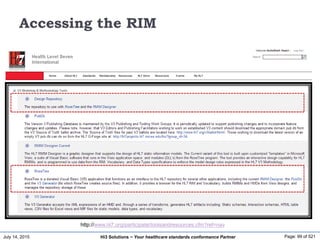 July 14, 2015 Page: 99 of 521Hi3 Solutions ~ Your healthcare standards conformance Partner
Accessing the RIM
http://www.hl7.org/participate/toolsandresources.cfm?ref=nav
 