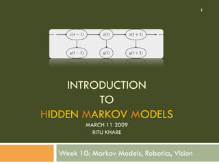 INTRODUCTION
TO
HIDDEN MARKOV MODELS
MARCH 11 2009
RITU KHARE
Week 10: Markov Models, Robotics, Vision
1
 