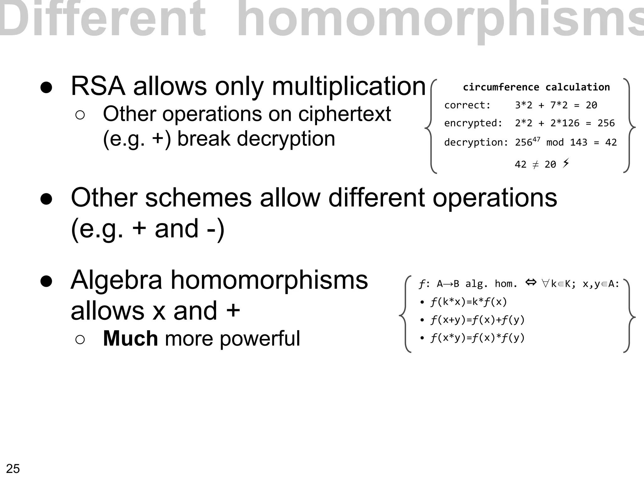 ● RSA allows only multiplication
○ Other operations on ciphertext
(e.g. +) break decryption
● Other schemes allow different operations
(e.g. + and -)
● Algebra homomorphisms
allows x and +
○ Much more powerful
Different homomorphisms
circumference calculation
correct: 3*2 + 7*2 = 20
encrypted: 2*2 + 2*126 = 256
decryption: 25647
mod 143 = 42
42 ≠ 20 ⚡
f: A→B alg. hom. ⇔ ∀k∈K; x,y∈A:
• f(k*x)=k*f(x)
• f(x+y)=f(x)+f(y)
• f(x*y)=f(x)*f(y)
25
 