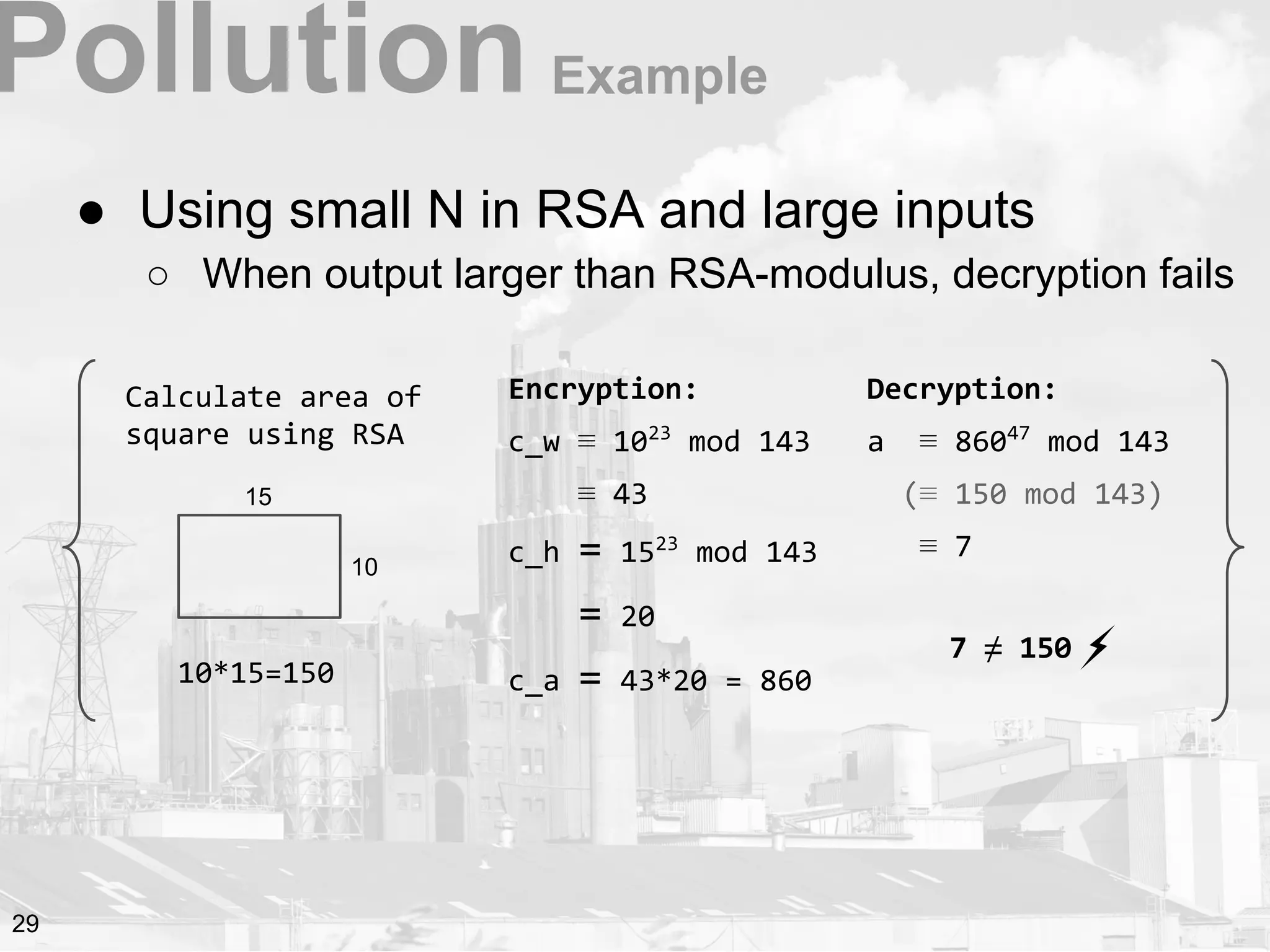 ● Using small N in RSA and large inputs
○ When output larger than RSA-modulus, decryption fails
Pollution
Calculate area of
square using RSA
10*15=150
Encryption:
c_w ≡ 1023
mod 143
≡ 43
c_h = 1523
mod 143
= 20
c_a = 43*20 = 860
Decryption:
a ≡ 86047
mod 143
(≡ 150 mod 143)
≡ 7
7 ≠ 150 ⚡
Example
15
10
29
 