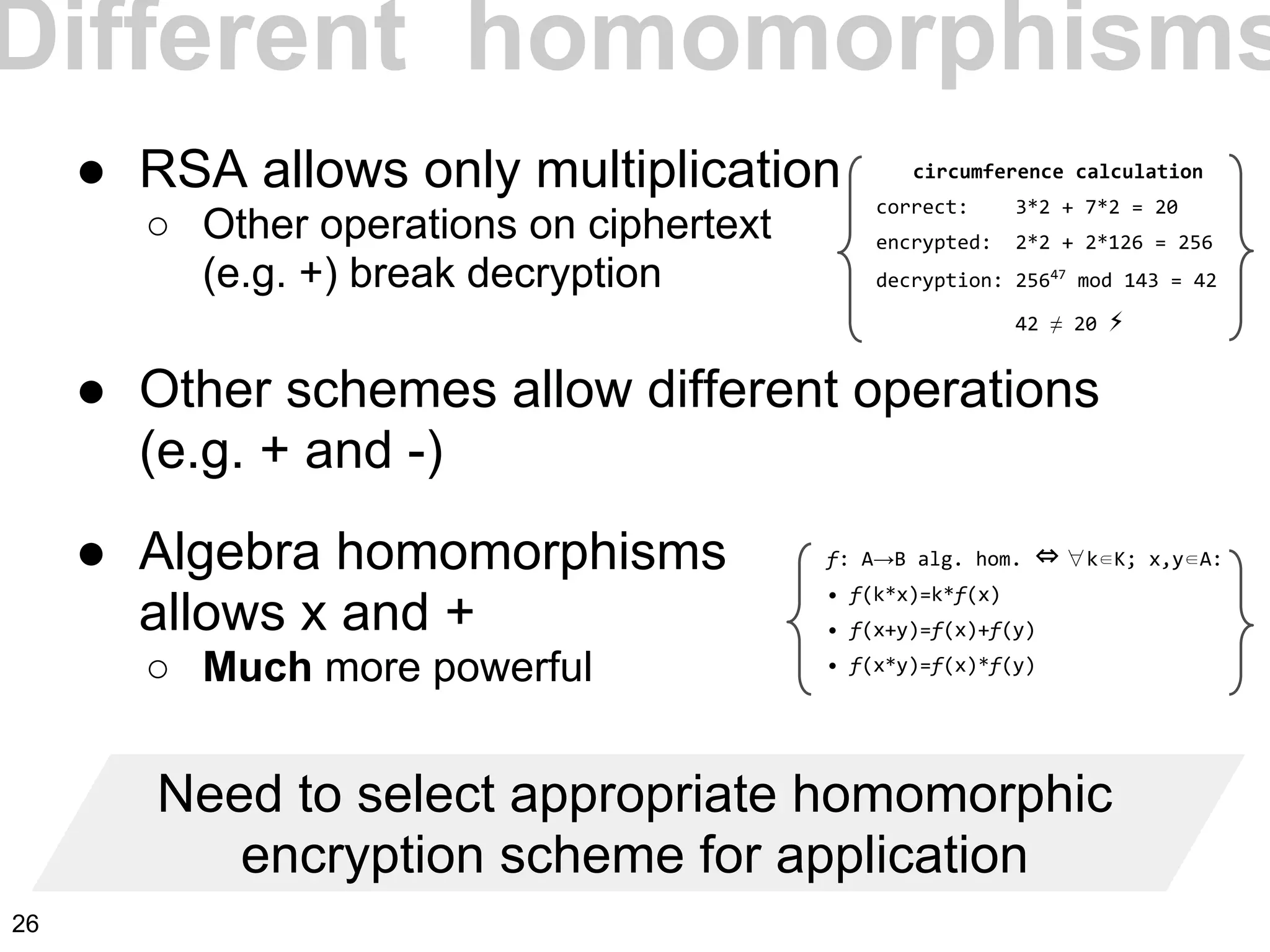 ● RSA allows only multiplication
○ Other operations on ciphertext
(e.g. +) break decryption
● Other schemes allow different operations
(e.g. + and -)
● Algebra homomorphisms
allows x and +
○ Much more powerful
Different homomorphisms
circumference calculation
correct: 3*2 + 7*2 = 20
encrypted: 2*2 + 2*126 = 256
decryption: 25647
mod 143 = 42
42 ≠ 20 ⚡
f: A→B alg. hom. ⇔ ∀k∈K; x,y∈A:
• f(k*x)=k*f(x)
• f(x+y)=f(x)+f(y)
• f(x*y)=f(x)*f(y)
Need to select appropriate homomorphic
encryption scheme for application
26
 