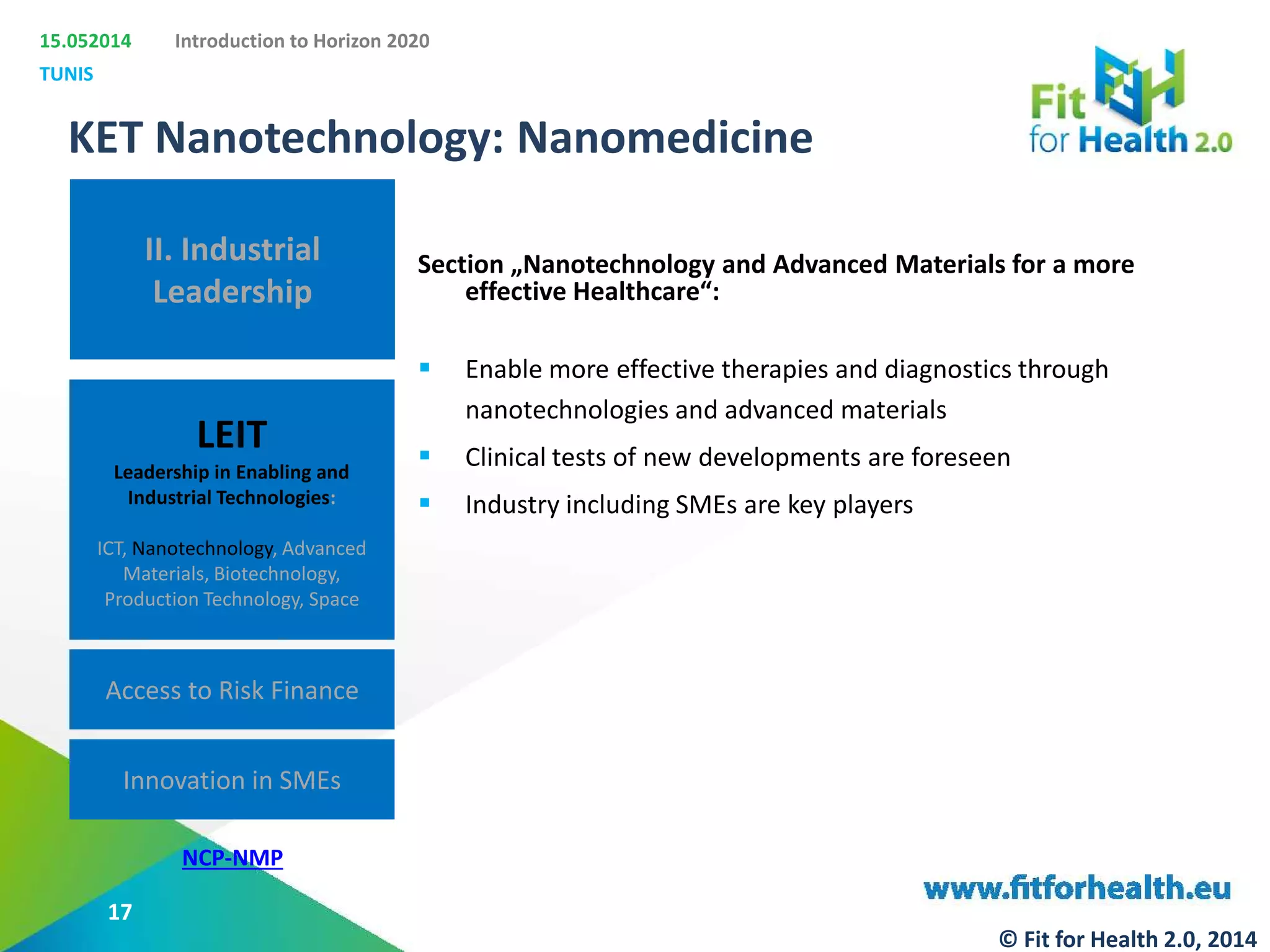 15.052014
TUNIS
Introduction to Horizon 2020
II. Industrial
Leadership
LEIT
Leadership in Enabling and
Industrial Technologies:
ICT, Nanotechnology, Advanced
Materials, Biotechnology,
Production Technology, Space
Access to Risk Finance
Innovation in SMEs
KET Nanotechnology: Nanomedicine
NCP-NMP
Section „Nanotechnology and Advanced Materials for a more
effective Healthcare“:
 Enable more effective therapies and diagnostics through
nanotechnologies and advanced materials
 Clinical tests of new developments are foreseen
 Industry including SMEs are key players
17
© Fit for Health 2.0, 2014
 