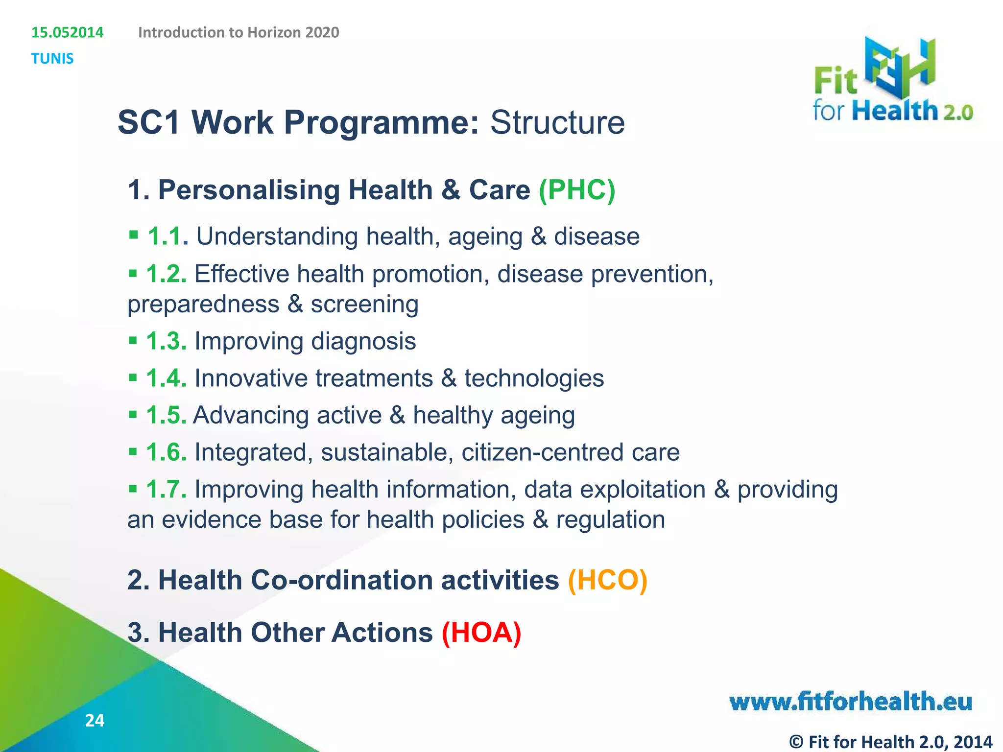 15.052014
TUNIS
Introduction to Horizon 2020
SC1 Work Programme: Structure
1. Personalising Health & Care (PHC)
 1.1. Understanding health, ageing & disease
 1.2. Effective health promotion, disease prevention,
preparedness & screening
 1.3. Improving diagnosis
 1.4. Innovative treatments & technologies
 1.5. Advancing active & healthy ageing
 1.6. Integrated, sustainable, citizen-centred care
 1.7. Improving health information, data exploitation & providing
an evidence base for health policies & regulation
2. Health Co-ordination activities (HCO)
3. Health Other Actions (HOA)
24
© Fit for Health 2.0, 2014
 