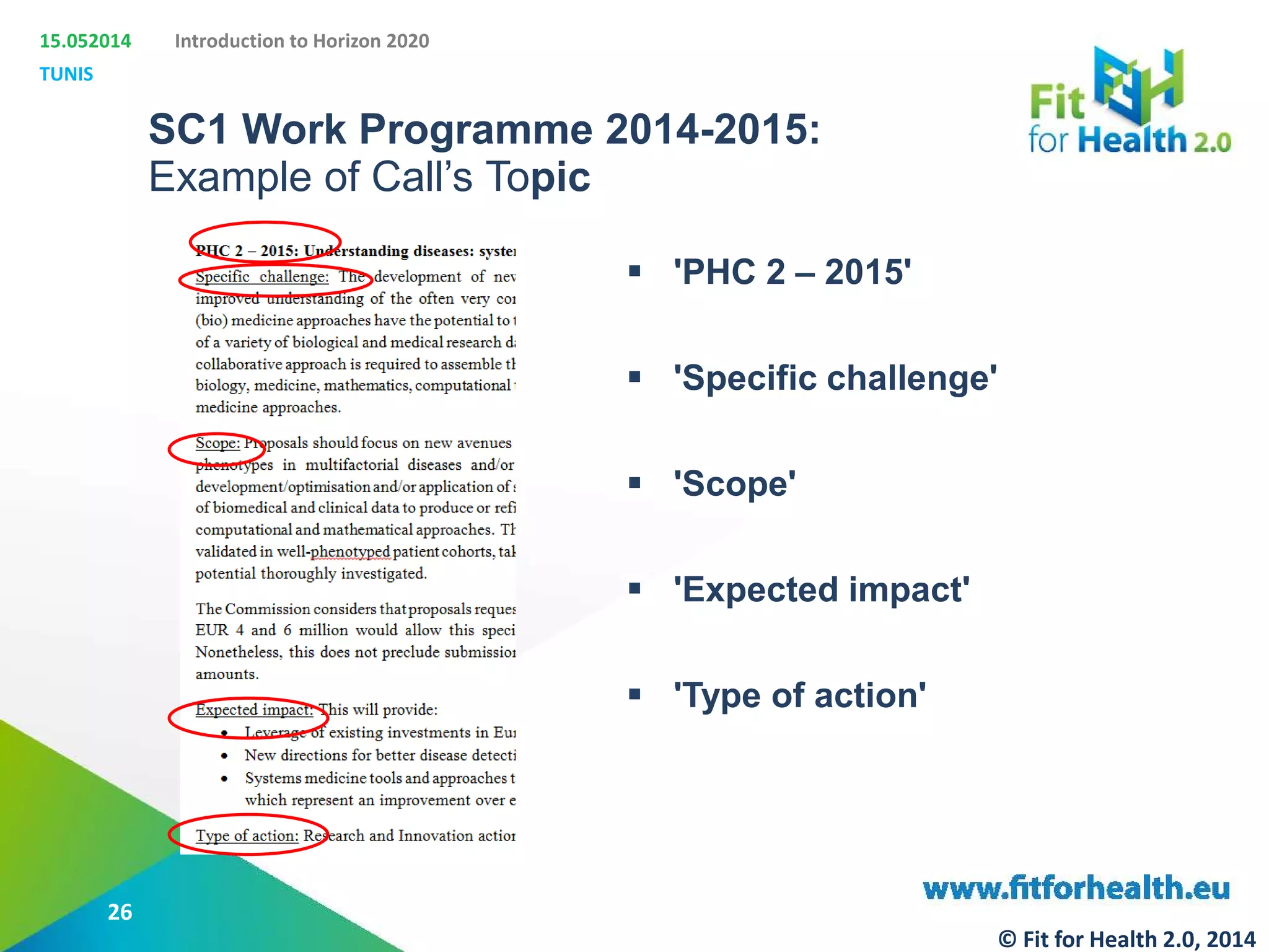 15.052014
TUNIS
Introduction to Horizon 2020
SC1 Work Programme 2014-2015:
Example of Call’s Topic
 'PHC 2 – 2015'
 'Specific challenge'
 'Scope'
 'Expected impact'
 'Type of action'
26
© Fit for Health 2.0, 2014
 