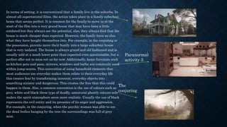 In terms of setting, it is conventional that a family live in the suburbs. In
almost all supernatural films, the action takes place in a family suburban
home that seems perfect. It is common for the family to move in at the
start of the film into a very grand house that may have been a little
outdated but they always see the potential, also, they always find that the
house is much cheaper than expected. However, the family have no clue
what they have bought themselves into. For example, in the conjuring or
the possession, parents move their family into a large suburban house
that is very isolated. The house is always grand and old fashioned and is
usually sold at a much lower price than expected even questionable, but a
perfect offer not to miss out on for now. Additionally, home furniture such
as kitchen pots and pans, mirrors, windows and baths are commonly used
within jump-scares. This convention of using household elements that
most audiences use everyday makes them relate to their everyday life
this creates fear by transforming innocent, everyday objects into
something sinister and dangerous. This creates the fear that this could
happen to them. Also, a common convention is the use of colours such as
grey, white and black these type of deadly, unnatural ghostly colours only
makes the spirit atmosphere seem more realistic. Usually the use of black
represents the evil entity and its presence of its anger and aggression.
For example, in the conjuring, when the psychic woman was able to see
the dead bodies hanging by the tree the surroundings was full of grey
mist.
Paranormal
activity 3
The
conjuring
 