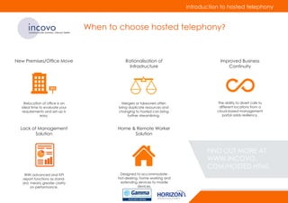 incovocommunicate smarter, interact better
When to choose hosted telephony?
New Premises/Office Move Rationalisation of
Infrastructure
Improved Business
Continuity
Home & Remote Worker
Solution
Lack of Management
Solution
Relocation of office is an
ideal time to evaluate your
requirements and set-up is
easy.
Mergers or takeovers often
bring duplicate resources and
changing to hosted can bring
further streamlining.
The ability to divert calls to
different locations from a
cloud-based management
portal adds resiliency.
Designed to accommodate-
hot-desking, home working and
extending services to mobile
devices.
With advanced and KPI
report functions as stand-
ard, means greater clarity
on performance.
introduction to hosted telephony
FIND OUT MORE AT
WWW.INCOVO.
COM/HOSTED.HTML
 