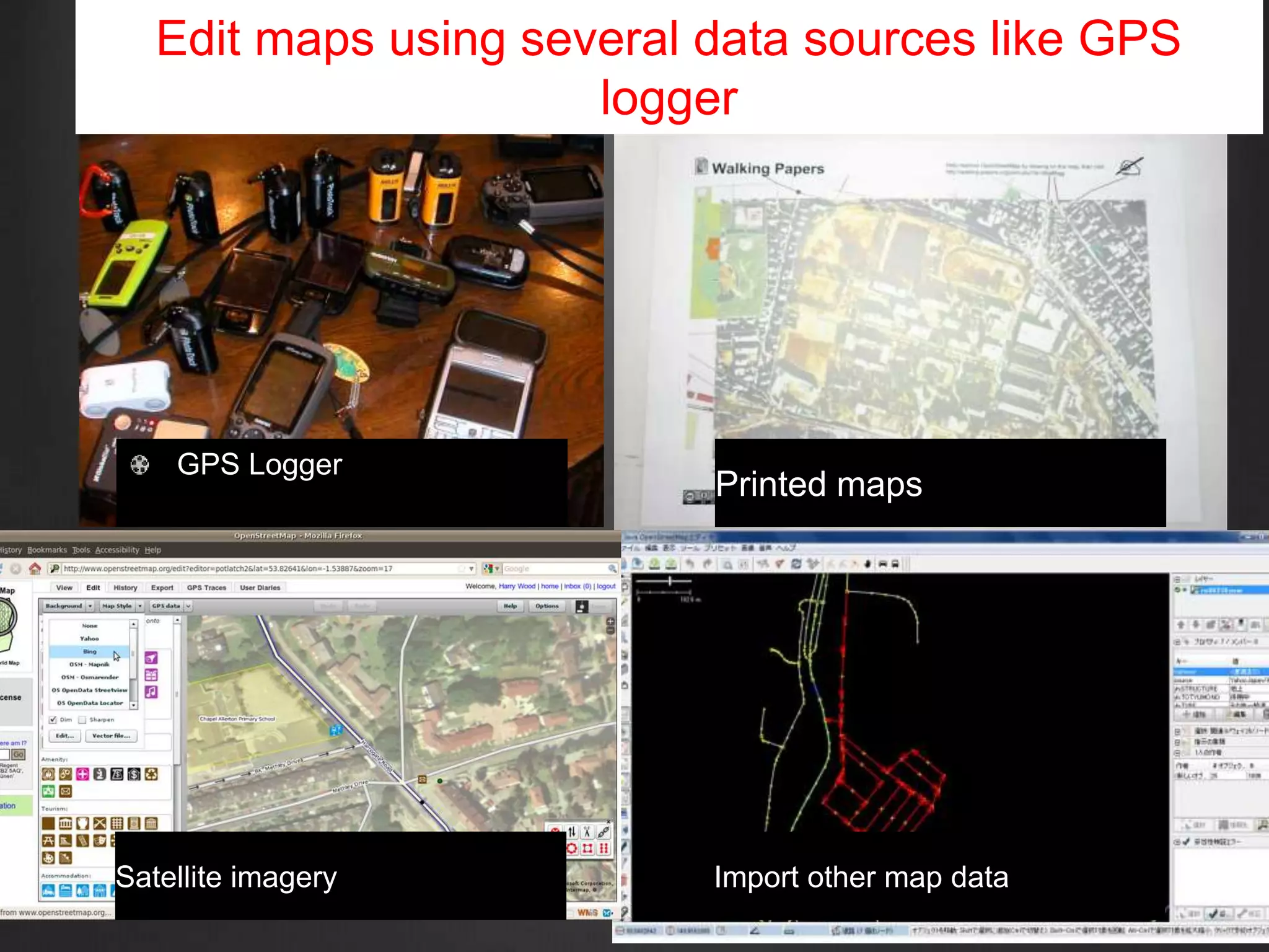 Edit maps using several data sources like GPS
logger
GPS Logger
Printed maps
Satellite imagery Import other map data
 