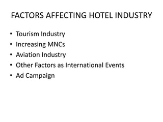 FACTORS AFFECTING HOTEL INDUSTRYTourism IndustryIncreasing MNCsAviation IndustryOther Factors as International EventsAd Campaign