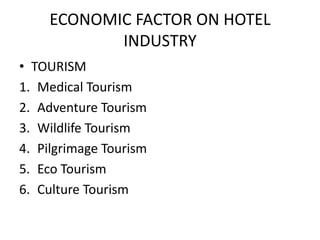 ECONOMIC FACTOR ON HOTEL INDUSTRYTOURISMMedical TourismAdventure TourismWildlife TourismPilgrimage TourismEco TourismCulture Tourism