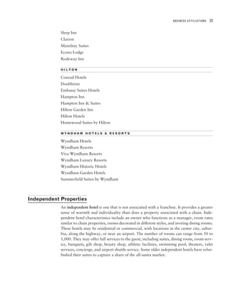 BUSINESS AFFILIATIONS   23


            Sleep Inn
            Clarion
            MainStay Suites
            Econo Lodge
            Rodeway Inn

            HILTON

            Conrad Hotels
            Doubletree
            Embassy Suites Hotels
            Hampton Inn
            Hampton Inn & Suites
            Hilton Garden Inn
            Hilton Hotels
            Homewood Suites by Hilton

            WYNDHAM HOTELS & RESORTS

            Wyndham Hotels
            Wyndham Resorts
            Viva Wyndham Resorts
            Wyndham Luxury Resorts
            Wyndham Historic Hotels
            Wyndham Garden Hotels
            Summerfield Suites by Wyndham




Independent Properties
            An independent hotel is one that is not associated with a franchise. It provides a greater
            sense of warmth and individuality than does a property associated with a chain. Inde-
            pendent hotel characteristics include an owner who functions as a manager, room rates
            similar to chain properties, rooms decorated in different styles, and inviting dining rooms.
            These hotels may be residential or commercial, with locations in the center city, subur-
            bia, along the highway, or near an airport. The number of rooms can range from 50 to
            1,000. They may offer full services to the guest, including suites, dining room, room serv-
            ice, banquets, gift shop, beauty shop, athletic facilities, swimming pool, theaters, valet
            services, concierge, and airport shuttle service. Some older independent hotels have refur-
            bished their suites to capture a share of the all-suites market.
 