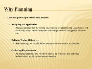 Why Planning
 Load test planning is a three-step process:
 Analyzing the Application
• Analysis ensures that the testing environment we create using LoadRunner will
accurately reflect the environment and configuration of the application under
test.
 Defining Testing Objectives
• Before testing, we should define exactly what we want to accomplish.
 Gathering Requirements
• All the requirements and resources should be evaluated and collected
beforehand to avoid any last minute hurdles.
 