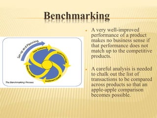 Benchmarking
 A very well-improved
performance of a product
makes no business sense if
that performance does not
match up to the competitive
products.
 A careful analysis is needed
to chalk out the list of
transactions to be compared
across products so that an
apple-apple comparison
becomes possible.
 