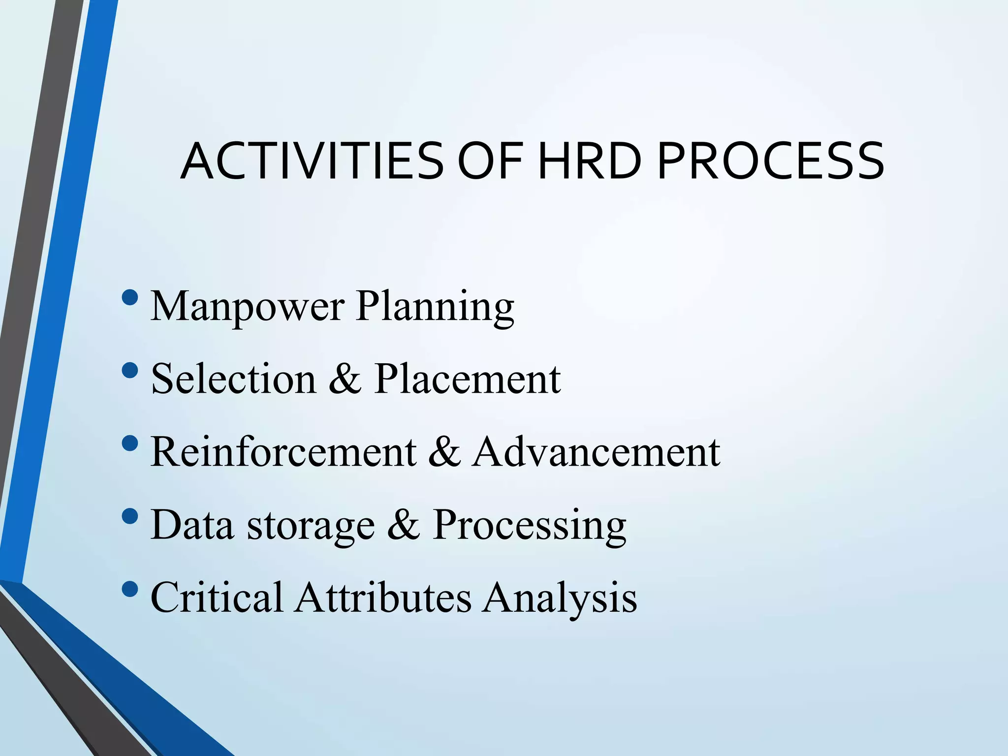 ACTIVITIES OF HRD PROCESS
•Manpower Planning
•Selection & Placement
•Reinforcement & Advancement
•Data storage & Processing
•Critical Attributes Analysis
 