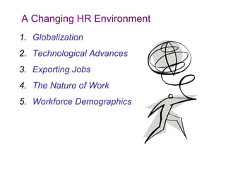 A Changing HR Environment
1. Globalization
2. Technological Advances
3. Exporting Jobs
4. The Nature of Work
5. Workforce Demographics

 