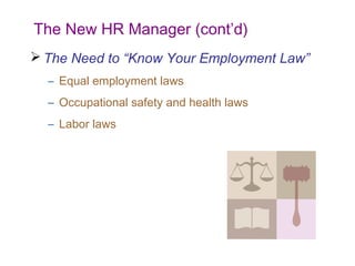 The New HR Manager (cont’d)
 The Need to “Know Your Employment Law”
– Equal employment laws
– Occupational safety and health laws
– Labor laws

 