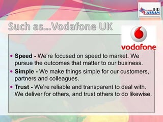  Speed - We’re focused on speed to market. We 
pursue the outcomes that matter to our business. 
 Simple - We make things simple for our customers, 
partners and colleagues. 
 Trust - We’re reliable and transparent to deal with. 
We deliver for others, and trust others to do likewise. 
 