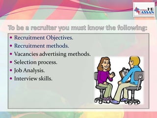  Recruitment Objectives. 
 Recruitment methods. 
 Vacancies advertising methods. 
 Selection process. 
 Job Analysis. 
 Interview skills. 
 