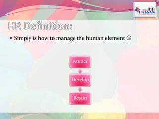  Simply is how to manage the human element  
Attract 
Develop 
Retain 
 