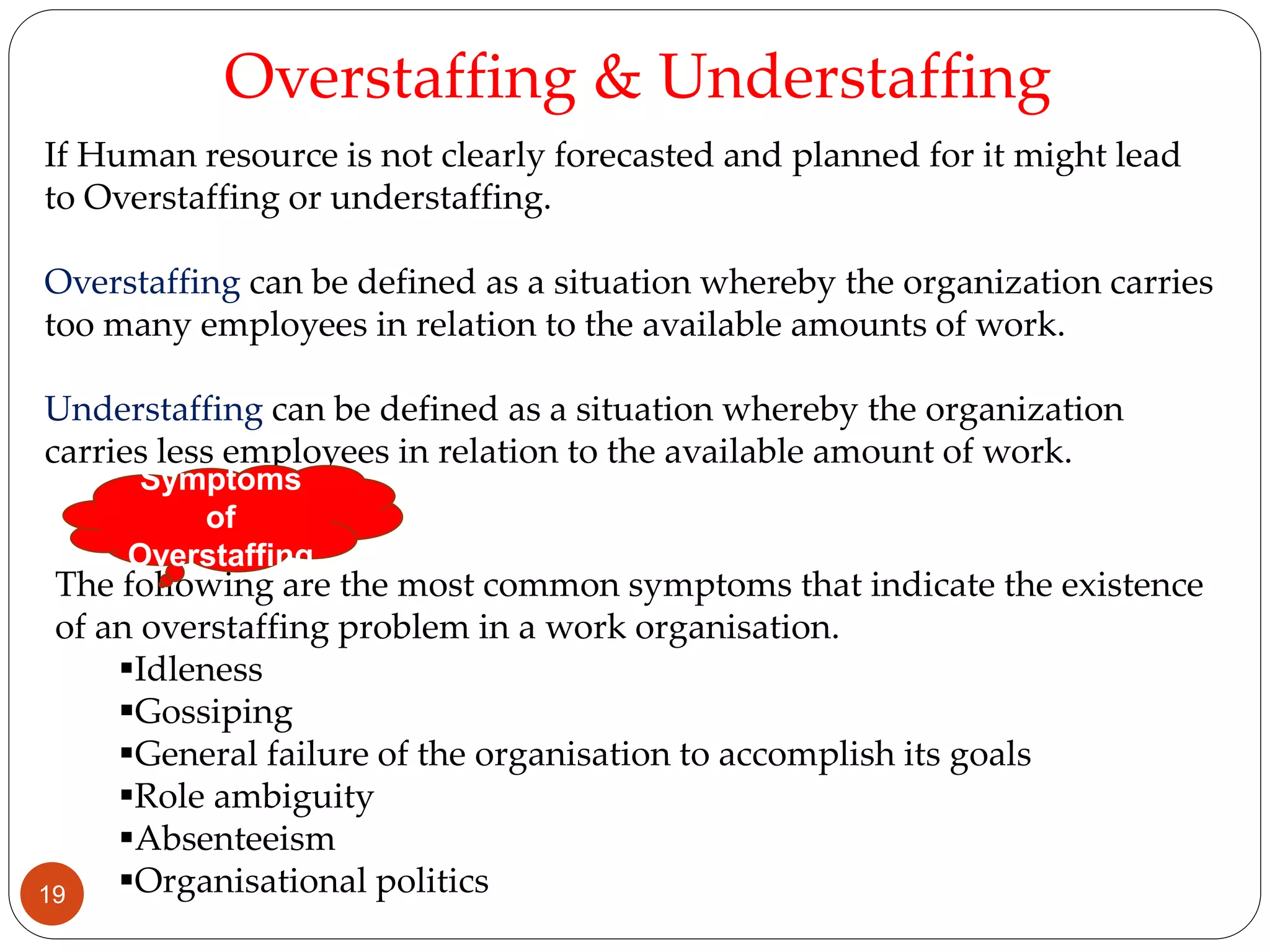 If Human resource is not clearly forecasted and planned for it might lead
to Overstaffing or understaffing.
Overstaffing can be defined as a situation whereby the organization carries
too many employees in relation to the available amounts of work.
Understaffing can be defined as a situation whereby the organization
carries less employees in relation to the available amount of work.
Overstaffing & Understaffing
The following are the most common symptoms that indicate the existence
of an overstaffing problem in a work organisation.
Idleness
Gossiping
General failure of the organisation to accomplish its goals
Role ambiguity
Absenteeism
Organisational politics
Symptoms
of
Overstaffing
19
 