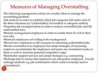 The following management actions are usually taken to manage the
overstaffing problem:
•Job analysis in order to establish which job categories fall under each of
the three situations (i.e Understaffed, Overstaffed or adequate staffed)
•Negotiate job recategorisation in order to reduce overstaffed jobs and fill
understaffed ones.
•Retrain recategorised employees in order to enable them fit well in their
new jobs.
•Retrench employees not willing to be recategorised.
•Recruit new employees to fill vacancies in remaining understaffed jobs.
•Retain overstaffed core employees but adopt strategies of increasing
output to accommodate the employees and spare any investment made on
them as well as maintain potential competitive edge.
•Rationalise support services and adopt strategies e.g. outsourcing.
•Redesign jobs to ensure that employees are adequately employed. Use job
redesign methods e.g. job combination which could eventually lead to
retrenchment.
Measures of Managing Overstaffing
21
 