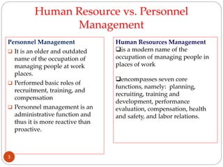 Human Resource vs. Personnel
Management
Personnel Management
 It is an older and outdated
name of the occupation of
managing people at work
places.
 Performed basic roles of
recruitment, training, and
compensation
 Personnel management is an
administrative function and
thus it is more reactive than
proactive.
Human Resources Management
is a modern name of the
occupation of managing people in
places of work
encompasses seven core
functions, namely: planning,
recruiting, training and
development, performance
evaluation, compensation, health
and safety, and labor relations.
3
 