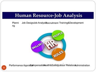 Human Resource-Job Analysis
Performance Appraisal
Planni
ng
Job DesignJob Analysis Training&DevelopmentRecruitment
CompensationHealth&SafetyLabour RelationsAdministration
30
 