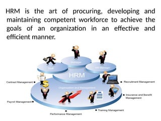 HRM is the art of procuring, developing and
maintaining competent workforce to achieve the
goals of an organization in an effective and
efficient manner.
 