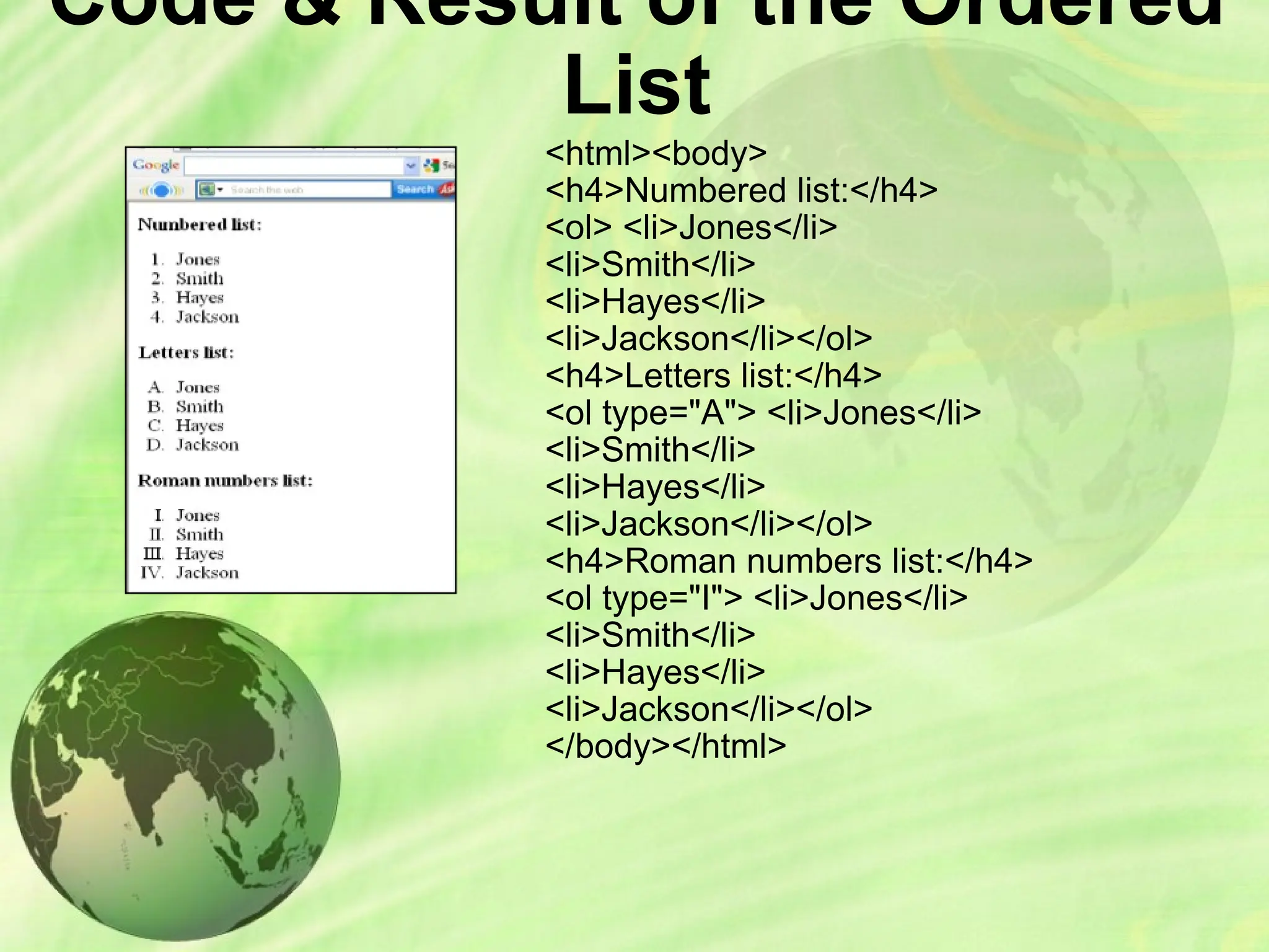 Code & Result of the Ordered
List
<html><body>
<h4>Numbered list:</h4>
<ol> <li>Jones</li>
<li>Smith</li>
<li>Hayes</li>
<li>Jackson</li></ol>
<h4>Letters list:</h4>
<ol type="A"> <li>Jones</li>
<li>Smith</li>
<li>Hayes</li>
<li>Jackson</li></ol>
<h4>Roman numbers list:</h4>
<ol type="I"> <li>Jones</li>
<li>Smith</li>
<li>Hayes</li>
<li>Jackson</li></ol>
</body></html>
 