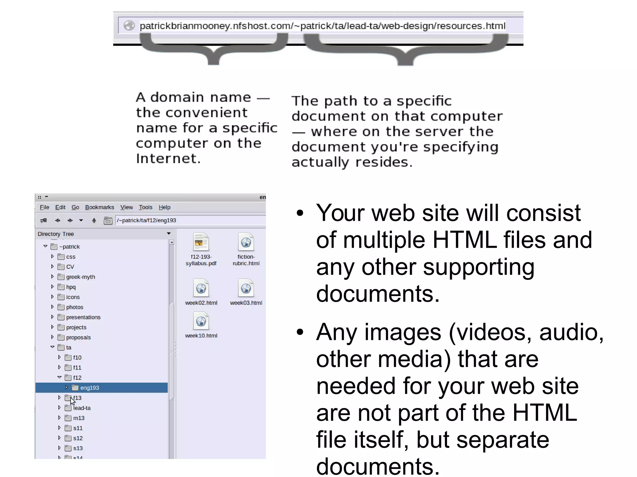 ● Your web site will consist 
of multiple HTML files and 
any other supporting 
documents. 
● Any images (videos, audio, 
other media) that are 
needed for your web site 
are not part of the HTML 
file itself, but separate 
documents. 
 