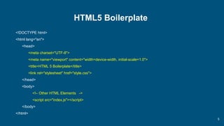 5
HTML5 Boilerplate
<!DOCTYPE html>
<html lang="en">
<head>
<meta charset="UTF-8">
<meta name="viewport" content="width=device-width, initial-scale=1.0">
<title>HTML 5 Boilerplate</title>
<link rel="stylesheet" href="style.css">
</head>
<body>
<!– Other HTML Elements ->
<script src="index.js"></script>
</body>
</html>
 