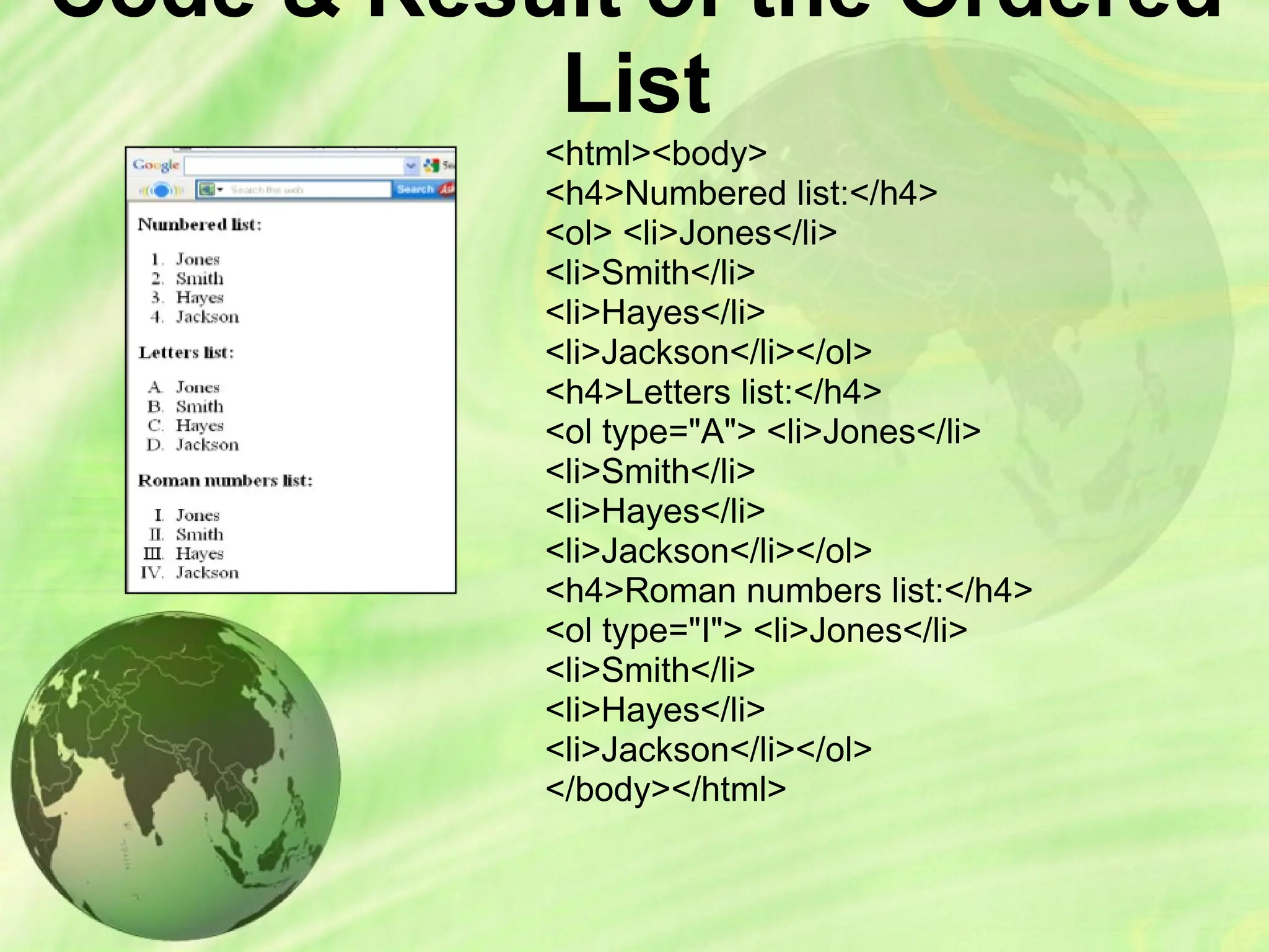Code & Result of the Ordered
List
<html><body>
<h4>Numbered list:</h4>
<ol> <li>Jones</li>
<li>Smith</li>
<li>Hayes</li>
<li>Jackson</li></ol>
<h4>Letters list:</h4>
<ol type="A"> <li>Jones</li>
<li>Smith</li>
<li>Hayes</li>
<li>Jackson</li></ol>
<h4>Roman numbers list:</h4>
<ol type="I"> <li>Jones</li>
<li>Smith</li>
<li>Hayes</li>
<li>Jackson</li></ol>
</body></html>
 
