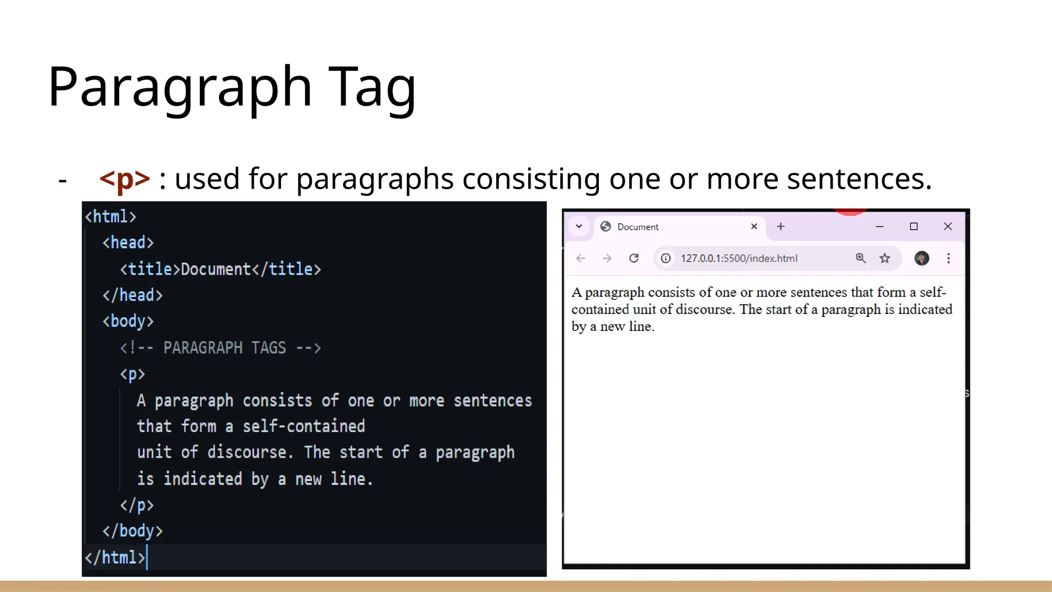 Paragraph Tag
- <p> : used for paragraphs consisting one or more sentences.
 