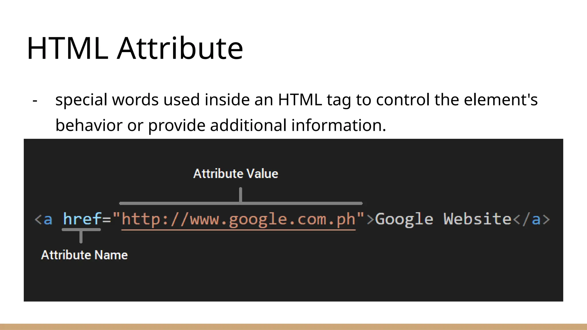 HTML Attribute
- special words used inside an HTML tag to control the element's
behavior or provide additional information.
 