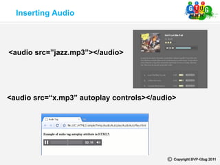 Inserting Audio
<audio src=”jazz.mp3”></audio>
<audio src=“x.mp3” autoplay controls></audio>
 