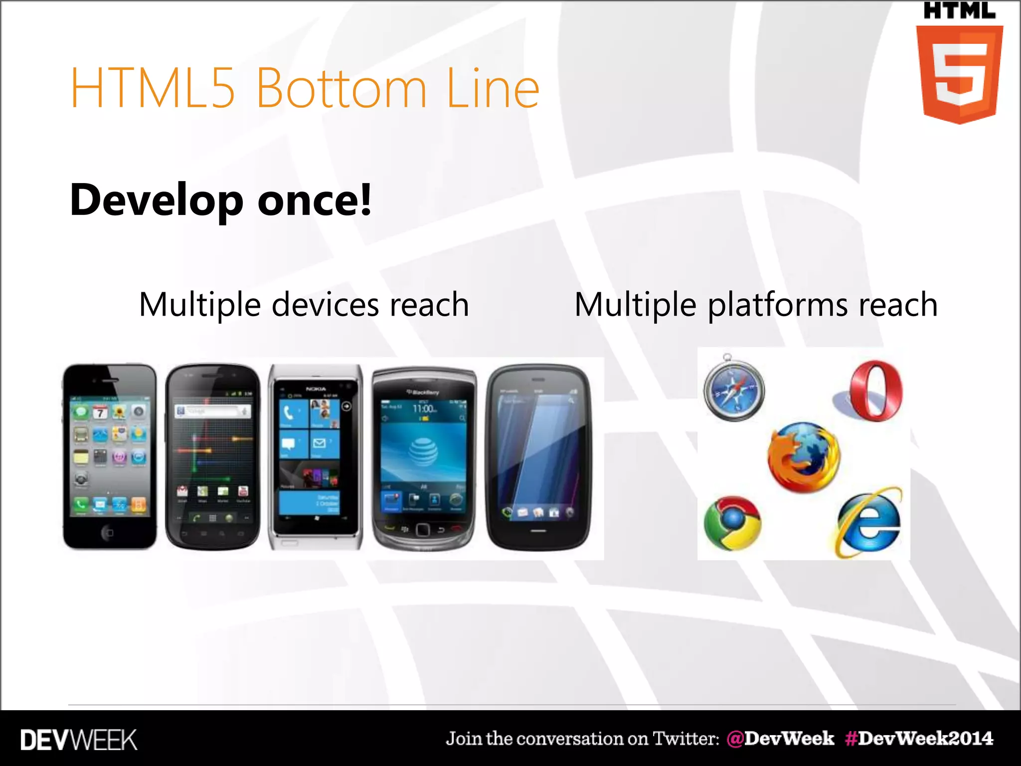 HTML5 Bottom Line
Develop once!
Multiple devices reach Multiple platforms reach
 