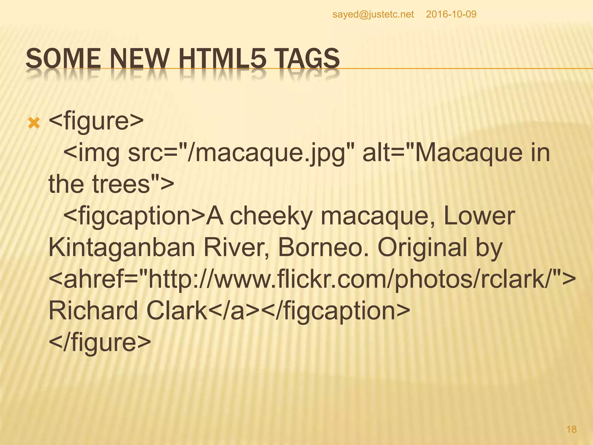 SOME NEW HTML5 TAGS
 <figure>
<img src="/macaque.jpg" alt="Macaque in
the trees">
<figcaption>A cheeky macaque, Lower
Kintaganban River, Borneo. Original by
<ahref="http://www.flickr.com/photos/rclark/">
Richard Clark</a></figcaption>
</figure>
2016-10-09
18
sayed@justetc.net
 