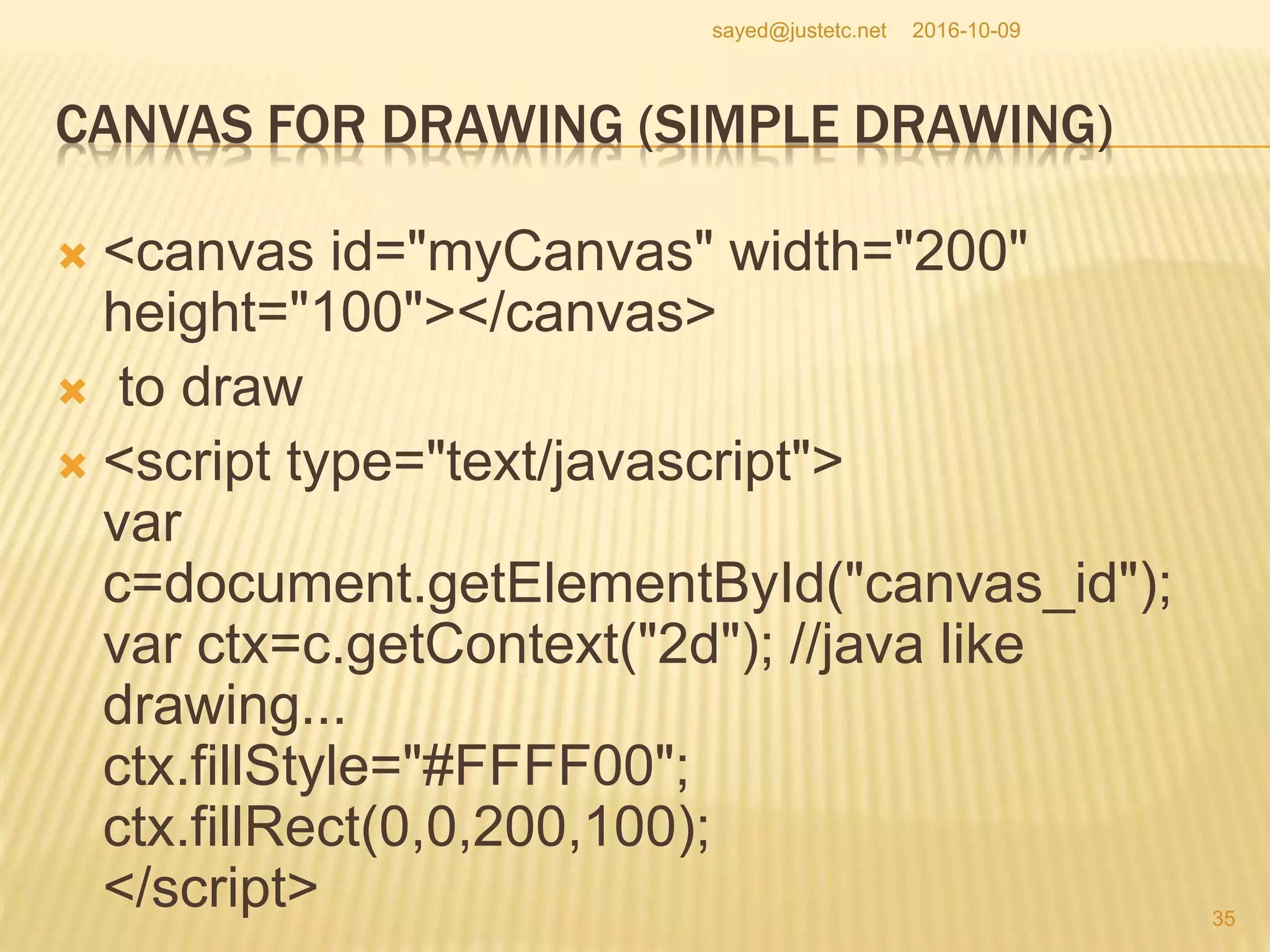 CANVAS FOR DRAWING (SIMPLE DRAWING)
 <canvas id="myCanvas" width="200"
height="100"></canvas>
 to draw
 <script type="text/javascript">
var
c=document.getElementById("canvas_id");
var ctx=c.getContext("2d"); //java like
drawing...
ctx.fillStyle="#FFFF00";
ctx.fillRect(0,0,200,100);
</script>
2016-10-09
35
sayed@justetc.net
 
